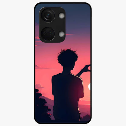 Sunset Silhouette Girl Glass Case for 1+Nord 3 aesthetic front view featuring girl silhouette under glowing sunset sky