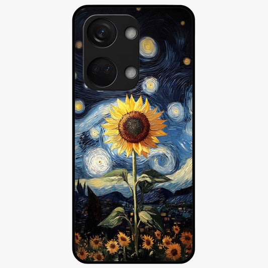 Van Gogh Sunflower Glass Case for 1+Nord 3 vibrant front view featuring sunflower artwork in painterly style