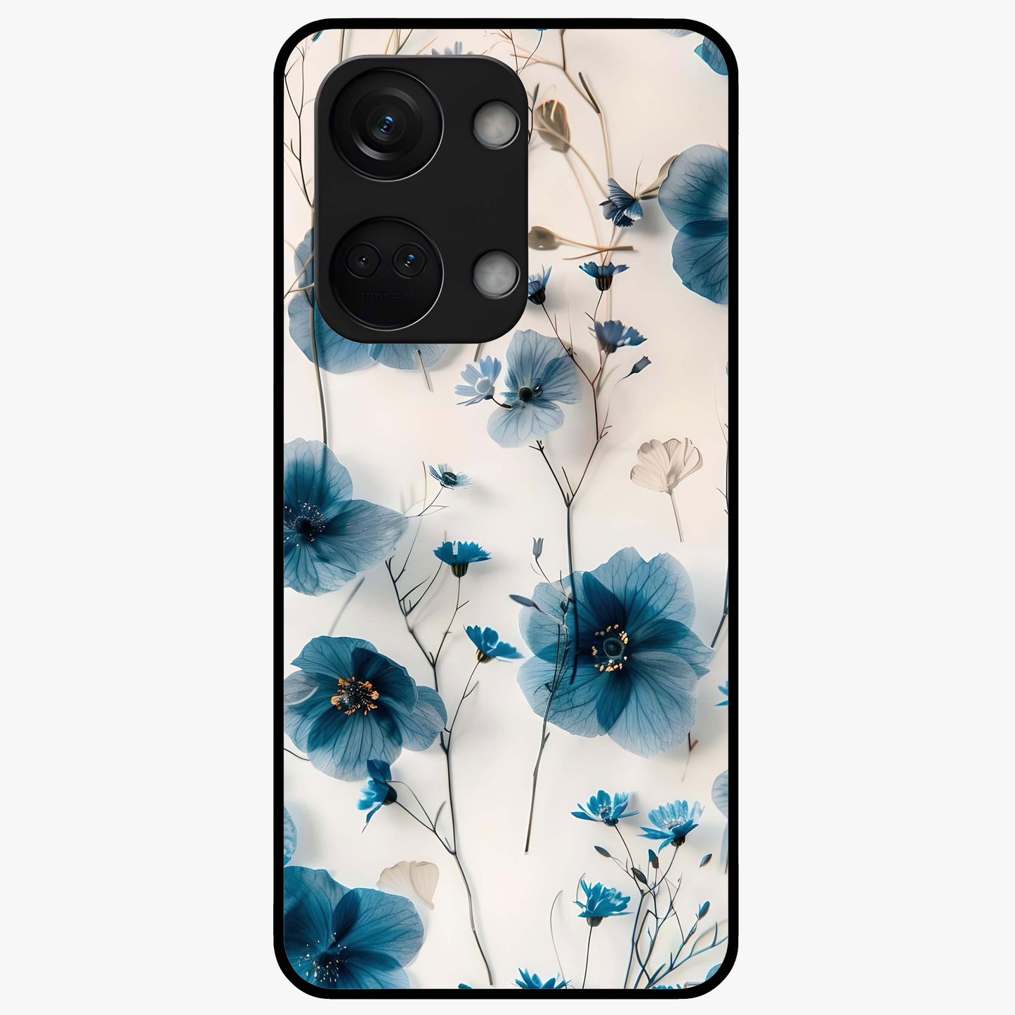 Whispers of Blue Bloom Glass Case for 1+Nord 3 vibrant front view featuring blue floral artwork with soft glow