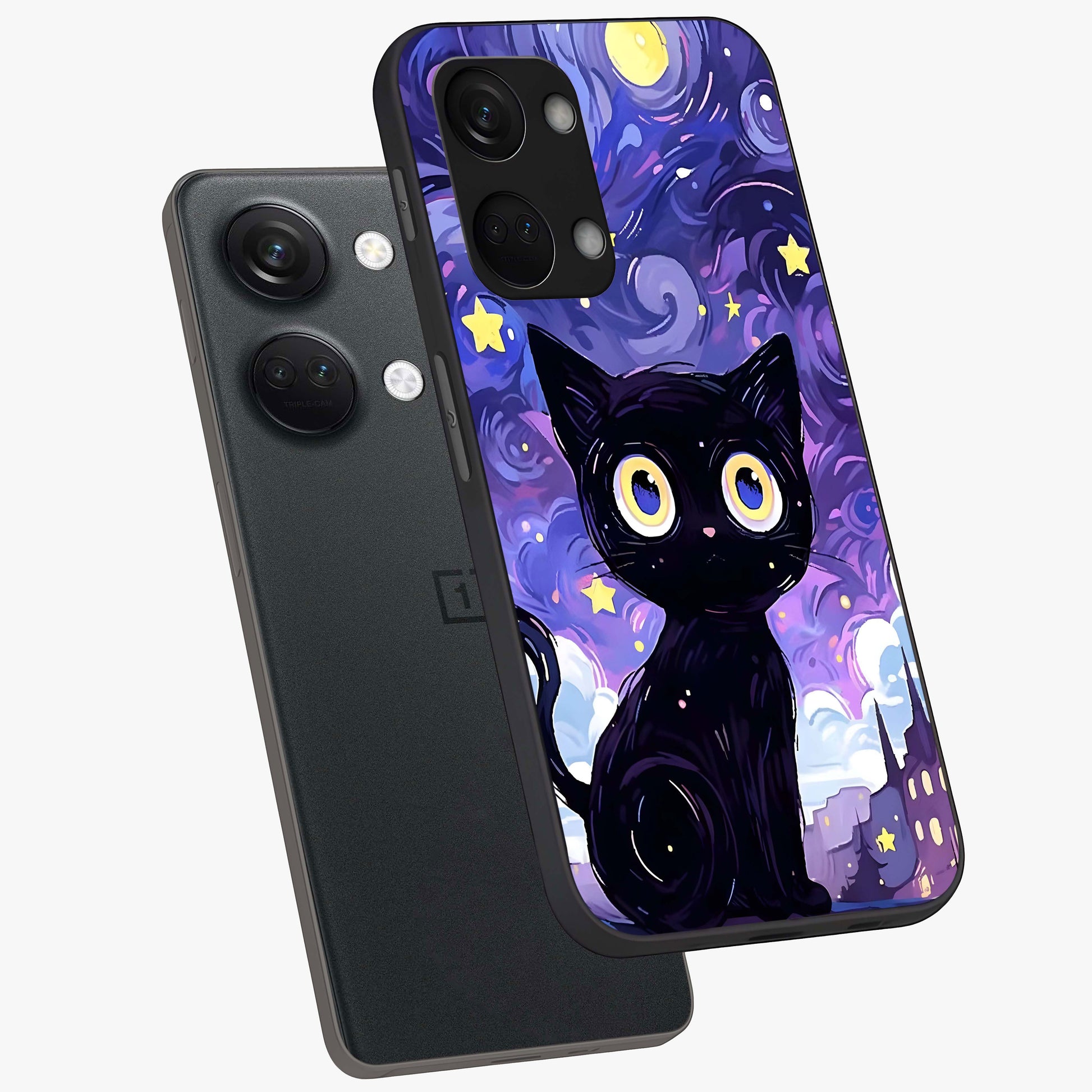 Abstract Cat Art Glass Case for 1+Nord 3 premium angled mockup showcasing glossy glass finish and creative feline design