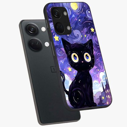Abstract Cat Art Glass Case for 1+Nord 3 premium angled mockup showcasing glossy glass finish and creative feline design