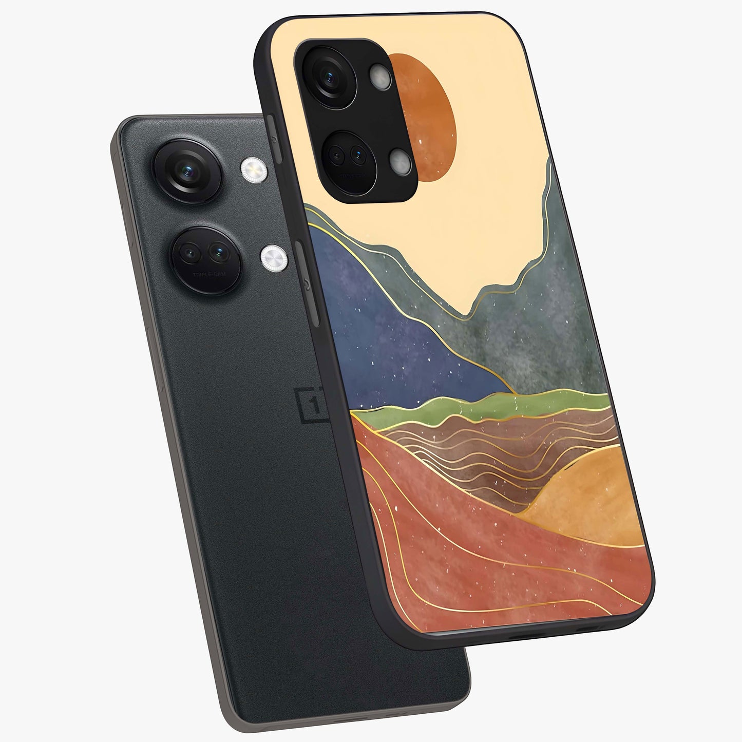 Abstract Mountain Glow Glass Case for 1+Nord 3 angled mockup showcasing glossy glass finish and scenic gradient tones