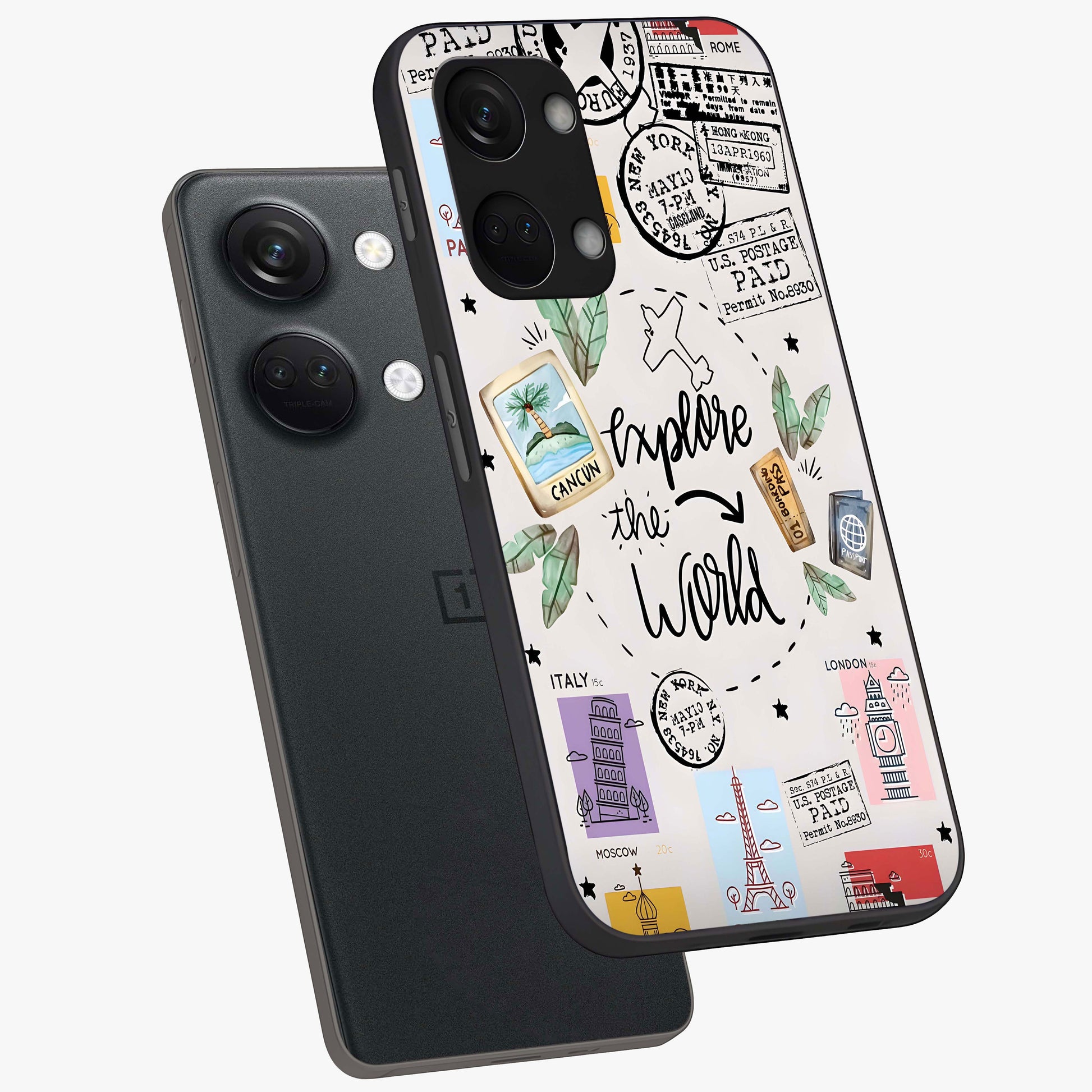 Adventure Awaits Art Glass Case for 1+Nord 3 angled display showcasing glossy finish and adventure themed design