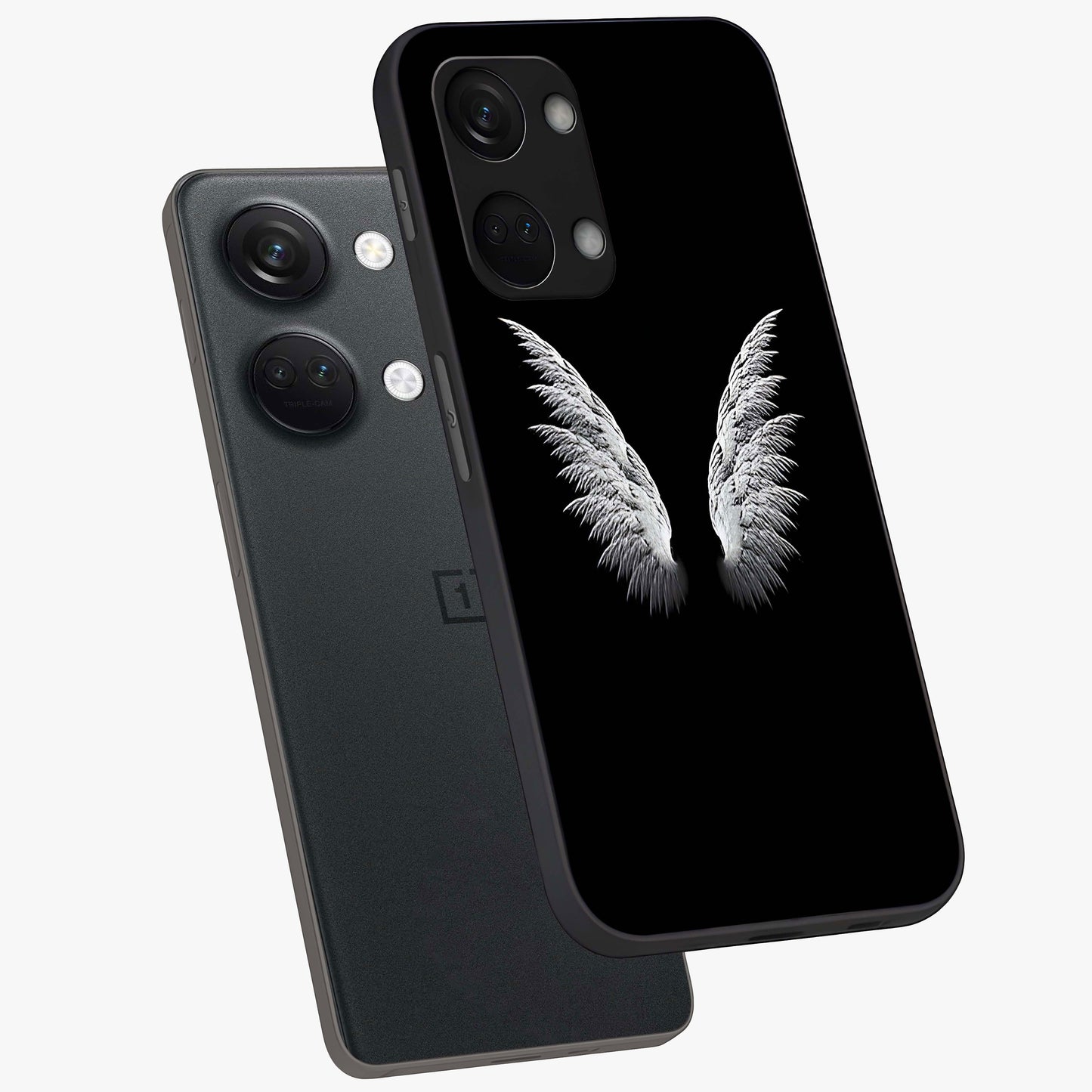 Angel Wing Grace Glass Case for 1+Nord 3 angled mockup showcasing glossy finish and graceful feather design
