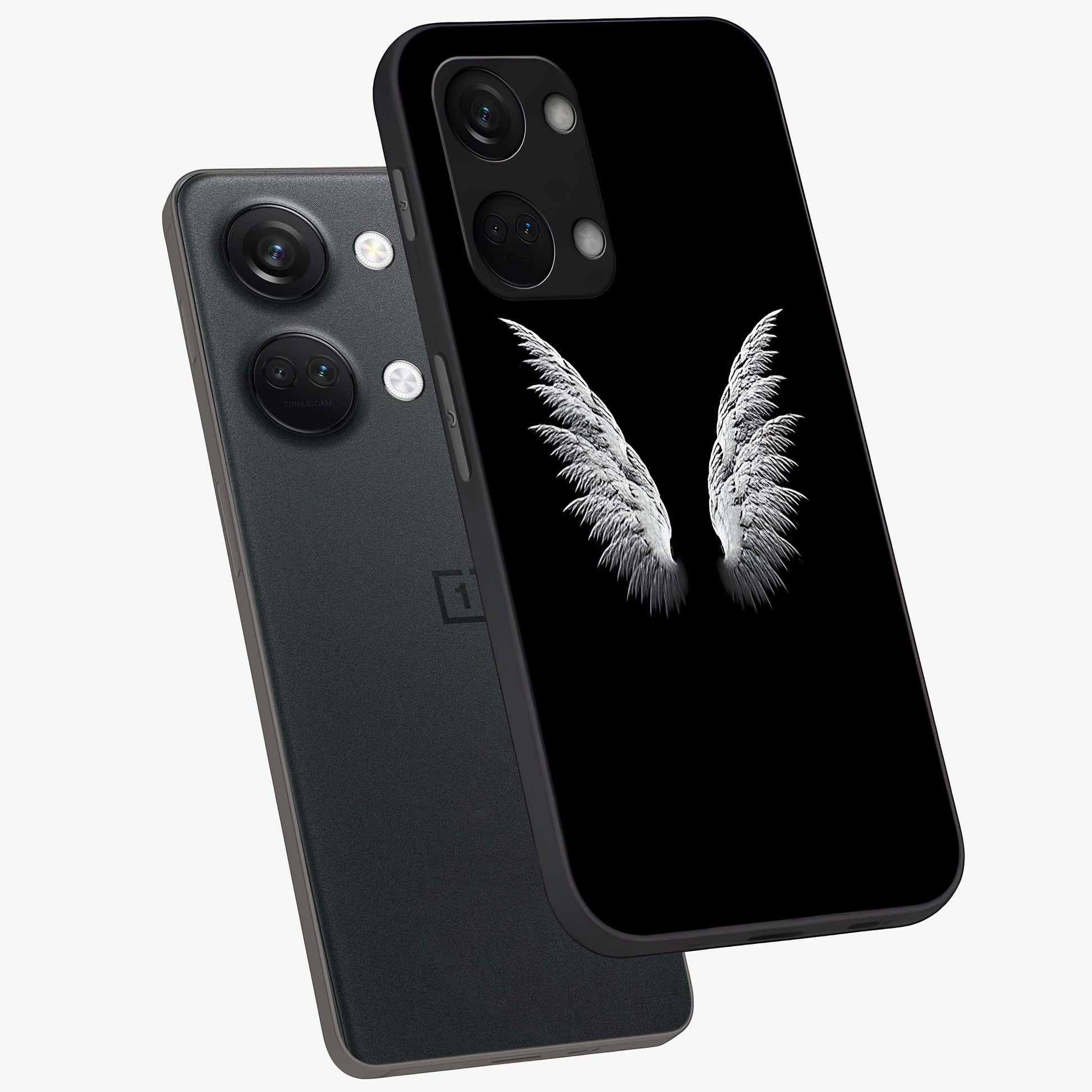 Angel Wing Grace Glass Case for 1+Nord 3 angled mockup showcasing glossy finish and graceful feather design
