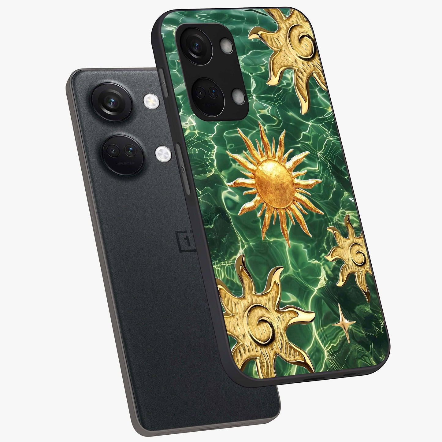 Aqua Sun Mirage Glass Case for 1+Nord 3 angled mockup showcasing glossy glass finish and radiant gradient tones