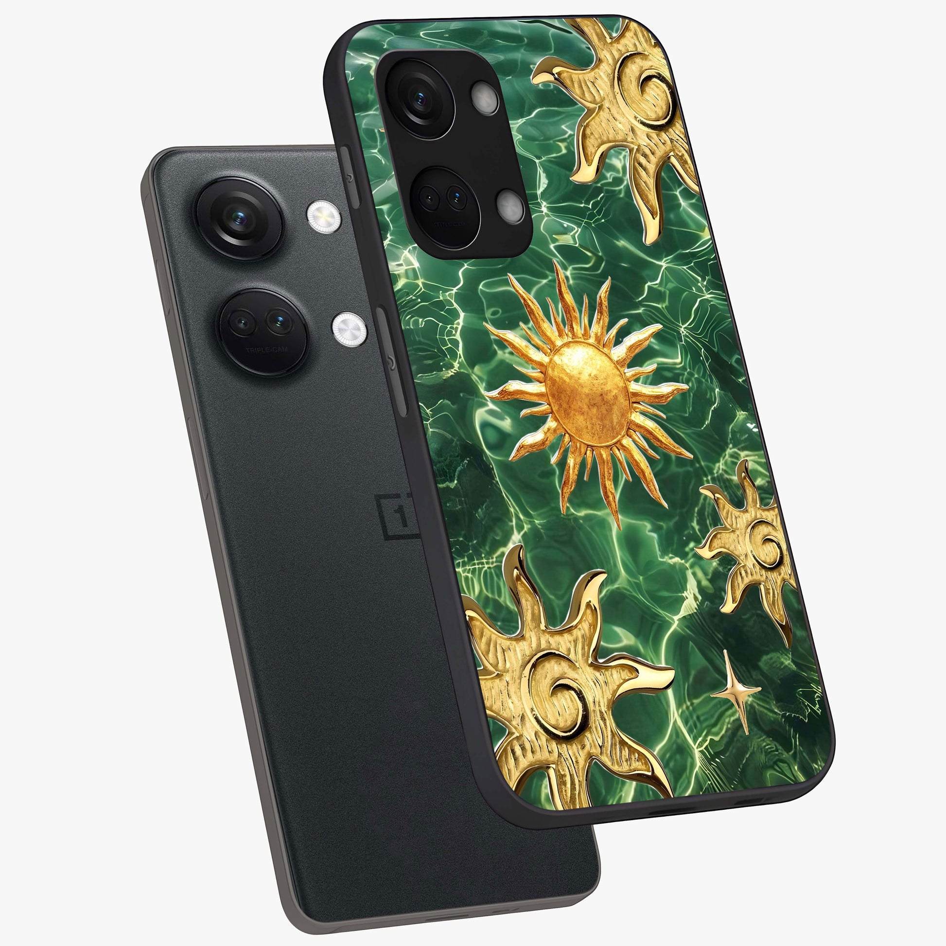 Aqua Sun Mirage Glass Case for 1+Nord 3 angled mockup showcasing glossy glass finish and radiant gradient tones