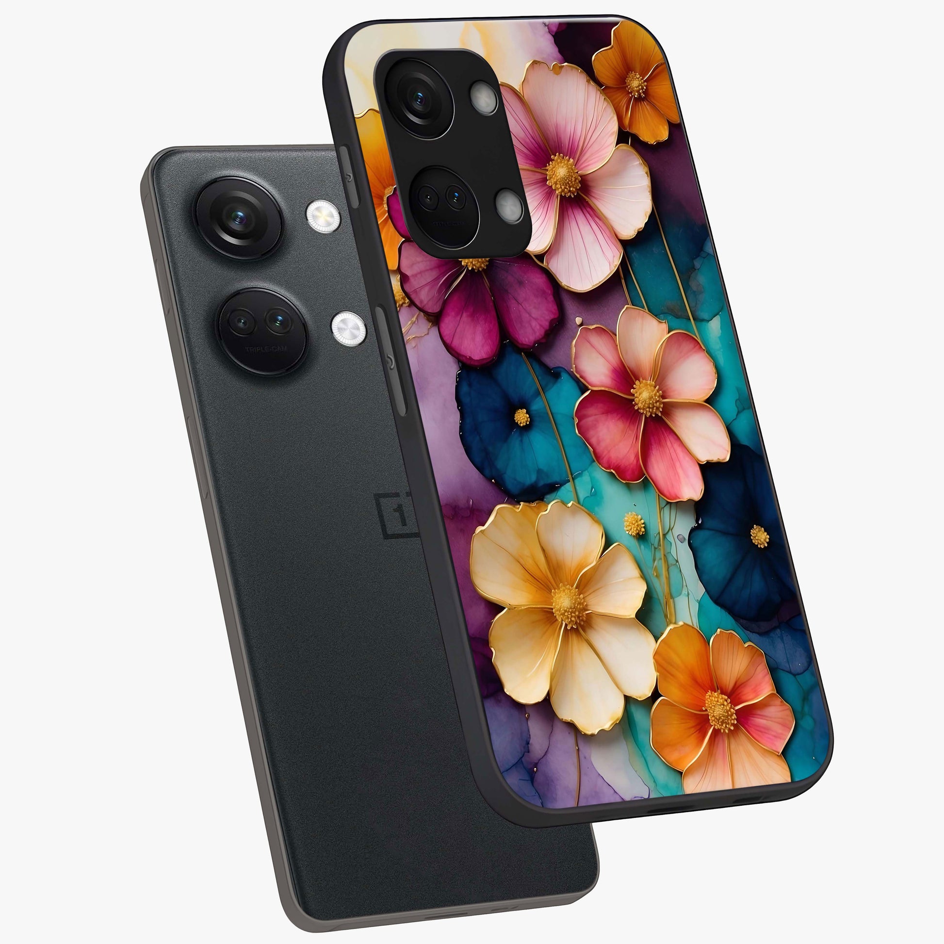 Artlyn Grace Flower Pattern Glass Case for 1+Nord 3 angled mockup showcasing glossy finish and graceful flower detailing