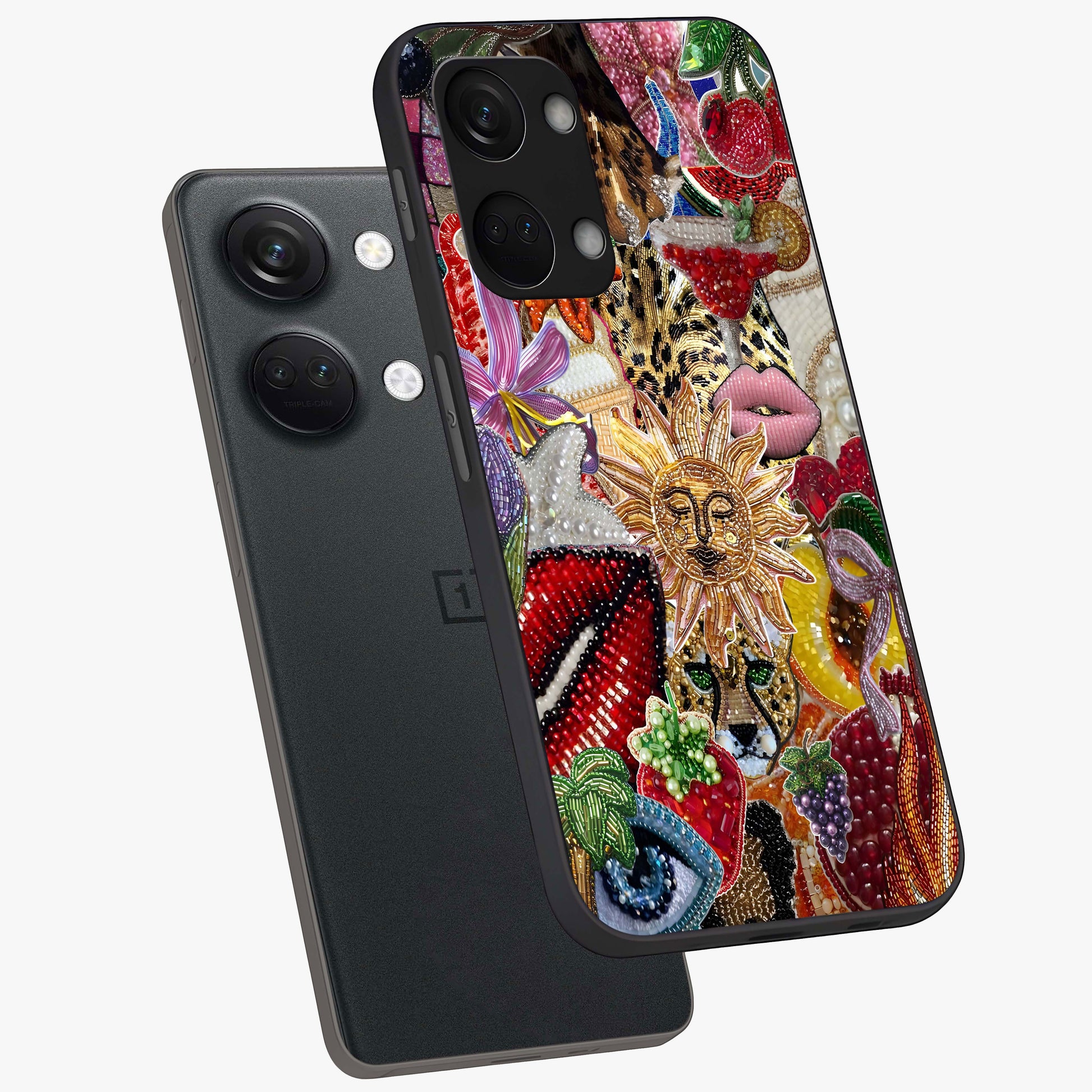 Beaded Fashion Jungle Glass Case for 1+Nord 3 angled mockup showcasing glossy finish and vibrant tropical design