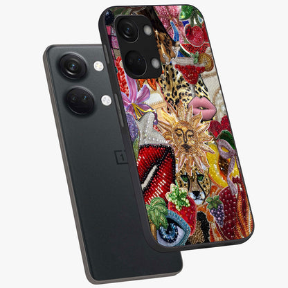 Beaded Fashion Jungle Glass Case for 1+Nord 3 angled mockup showcasing glossy finish and vibrant tropical design