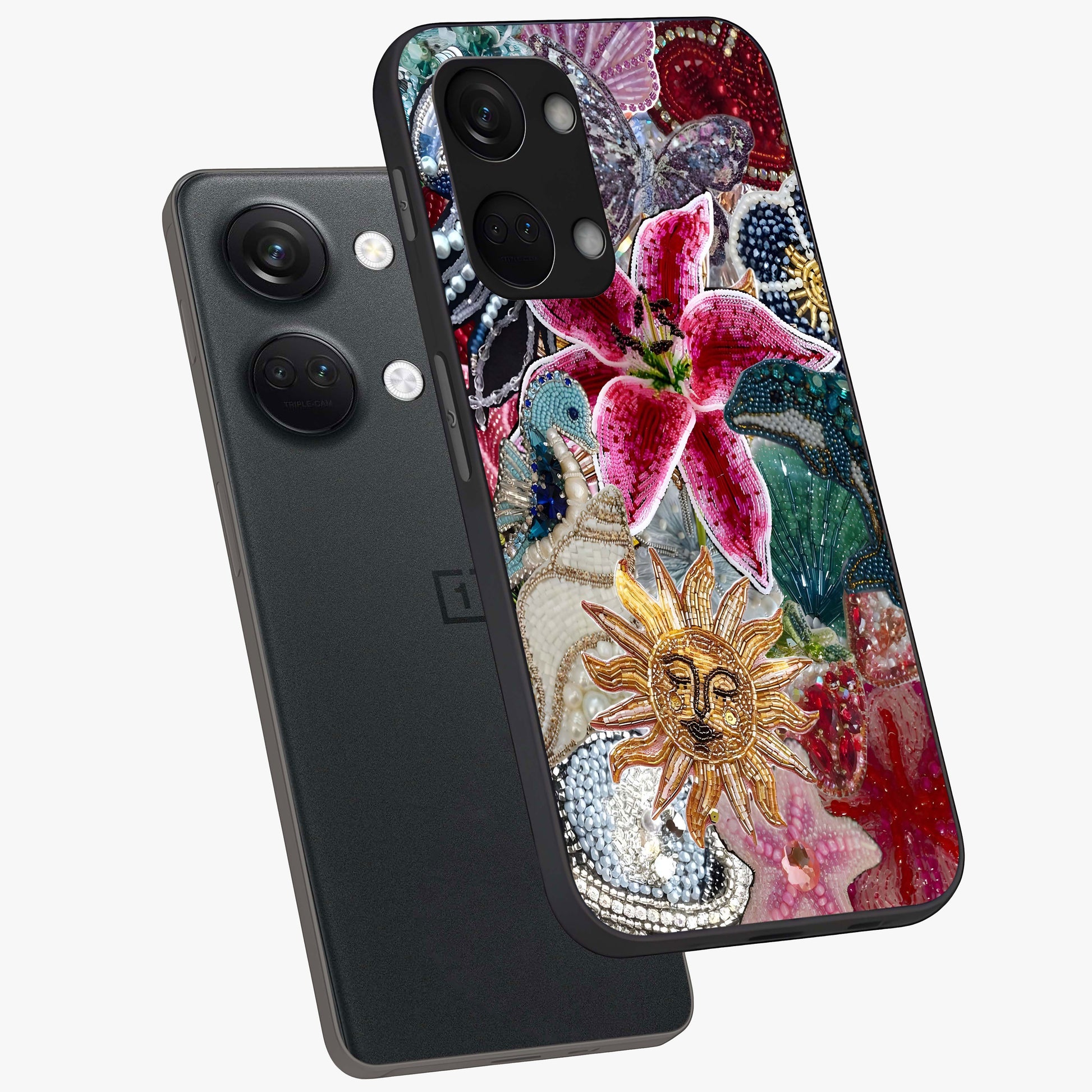 Beaded Garden Fantasy Glass Case for 1+Nord 3 angled mockup showcasing glossy finish and detailed fantasy design