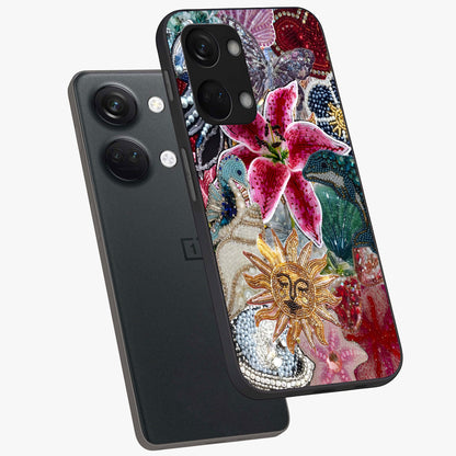 Beaded Garden Fantasy Glass Case for 1+Nord 3 angled mockup showcasing glossy finish and detailed fantasy design