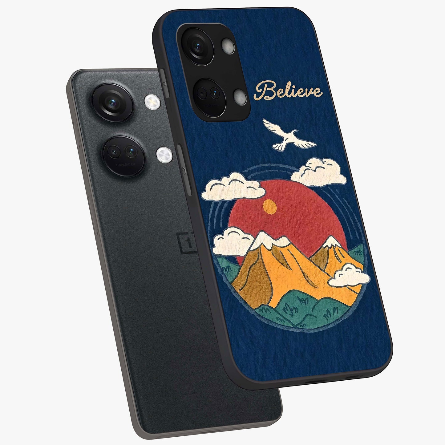 Believe Sky Escape Glass Case for 1+Nord 3 angled mockup showcasing glossy finish and serene cloud design