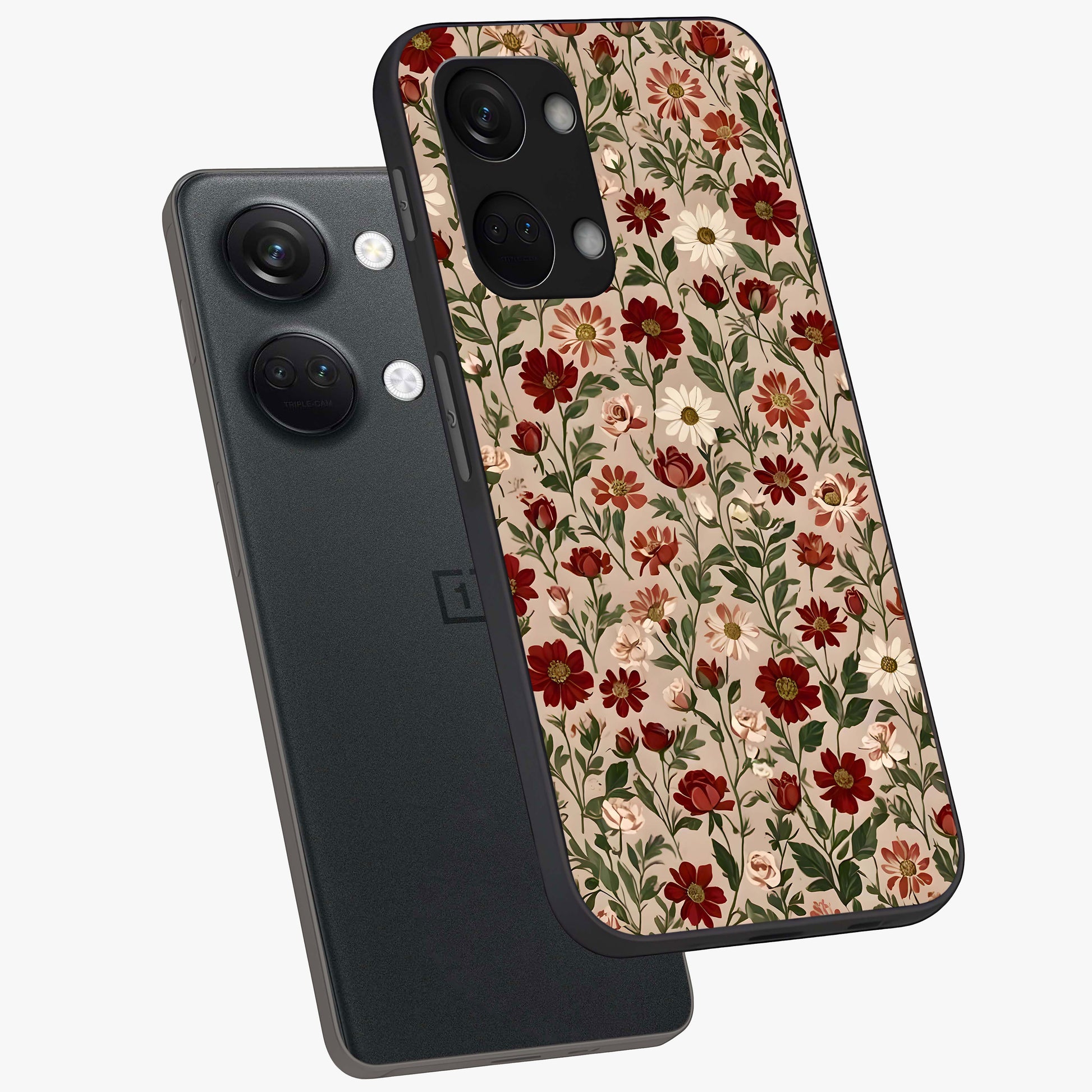 Biege Flower With Leaf Glass Case for 1+Nord 3 angled mockup showcasing glossy finish and minimal botanical design