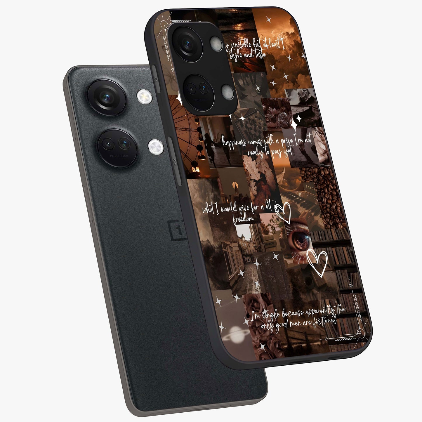 Bittersweet Aesthetic Chaos Glass Case for 1+Nord 3 angled mockup showcasing glossy finish and artistic chaotic design