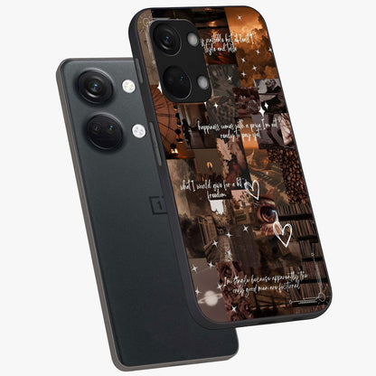 Bittersweet Aesthetic Chaos Glass Case for 1+Nord 3 angled mockup showcasing glossy finish and artistic chaotic design