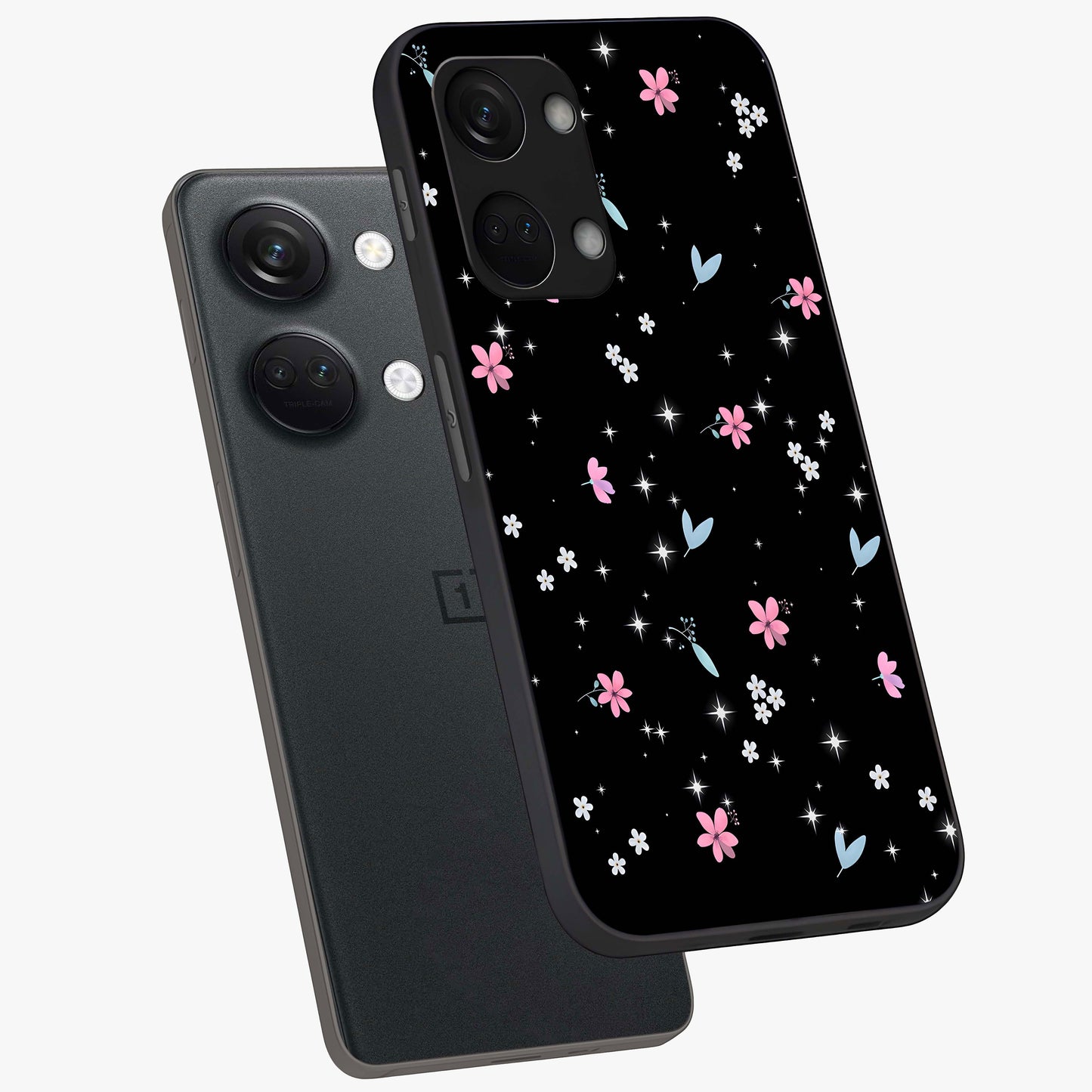 Black Aesthetic Wallpapers Glass Case for 1+Nord 3 angled mockup showcasing glossy finish and deep black tones