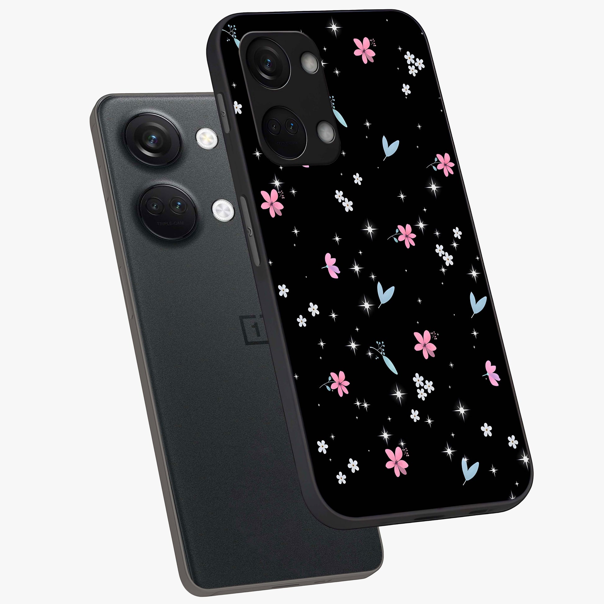 Black Aesthetic Wallpapers Glass Case for 1+Nord 3 angled mockup showcasing glossy finish and deep black tones