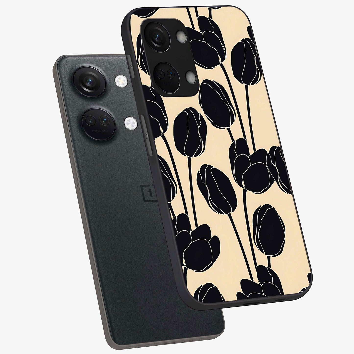 Black Designer Tulip Glass Case for 1+Nord 3 angled mockup showcasing glossy finish and premium floral detailing