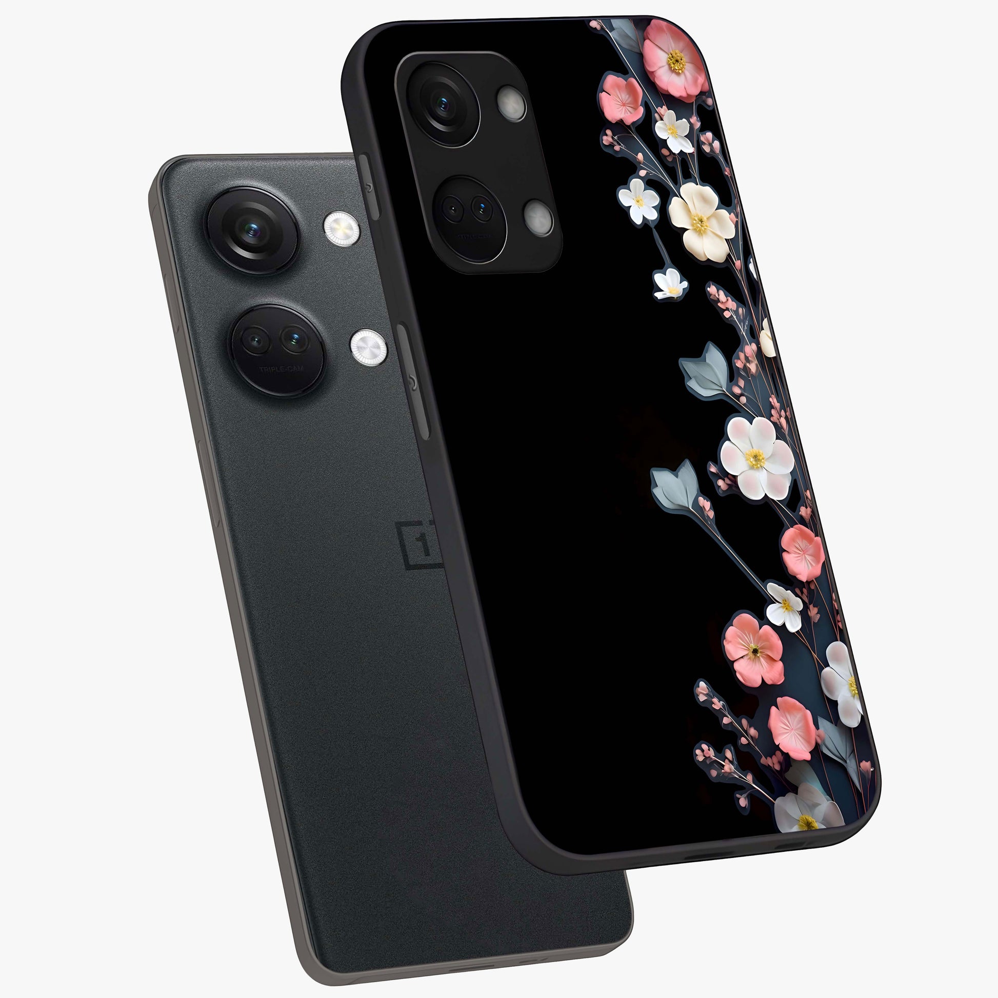 Black Elegance Floral Custom Name Glass Case for 1+Nord 3 angled mockup showcasing glossy finish and sophisticated black theme