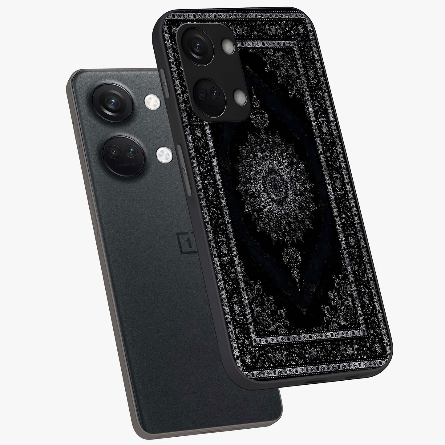 Black Persian Carpet Glass Case for 1+Nord 3 angled mockup showcasing glossy finish and detailed ornamental design