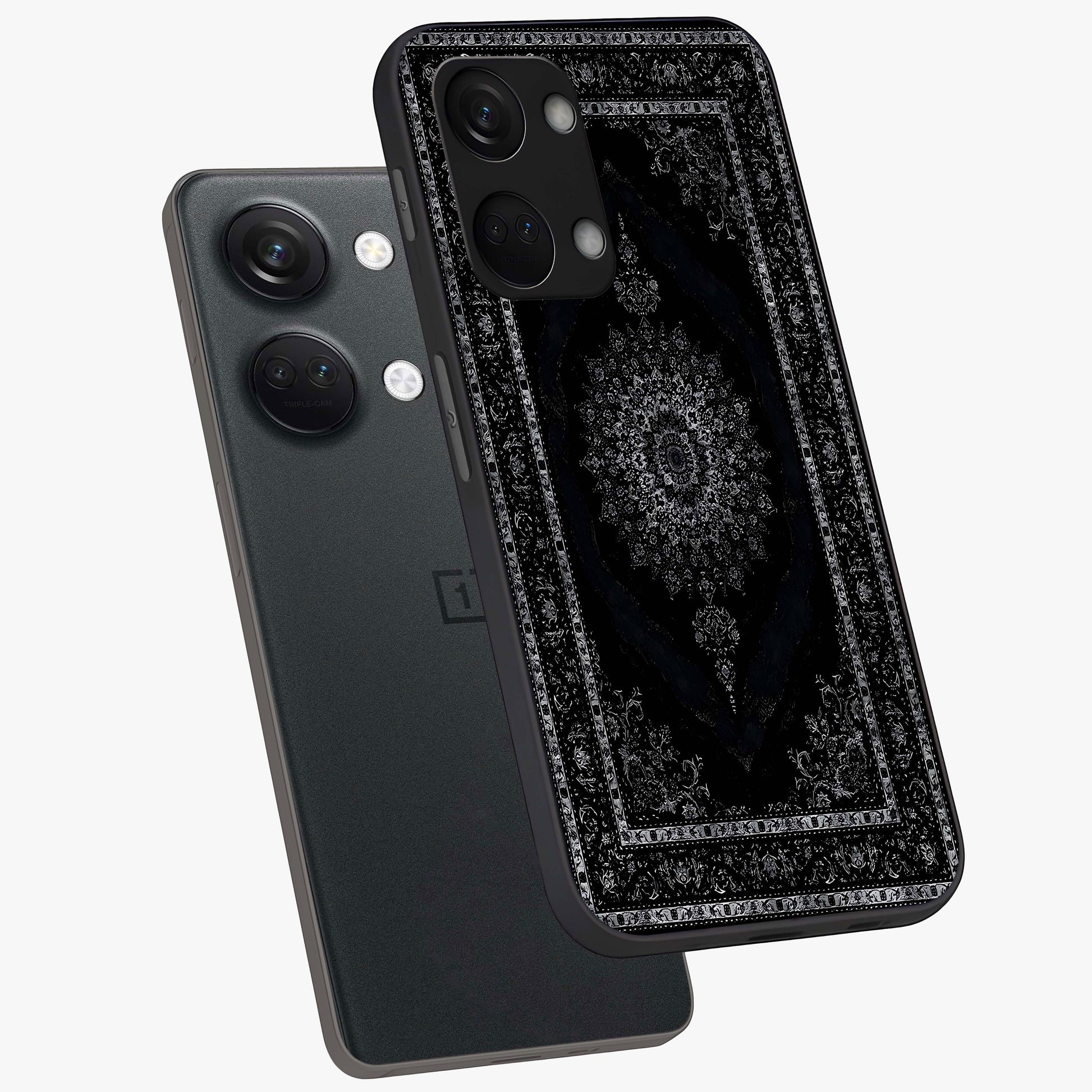 Black Persian Carpet Glass Case for 1+Nord 3 angled mockup showcasing glossy finish and detailed ornamental design