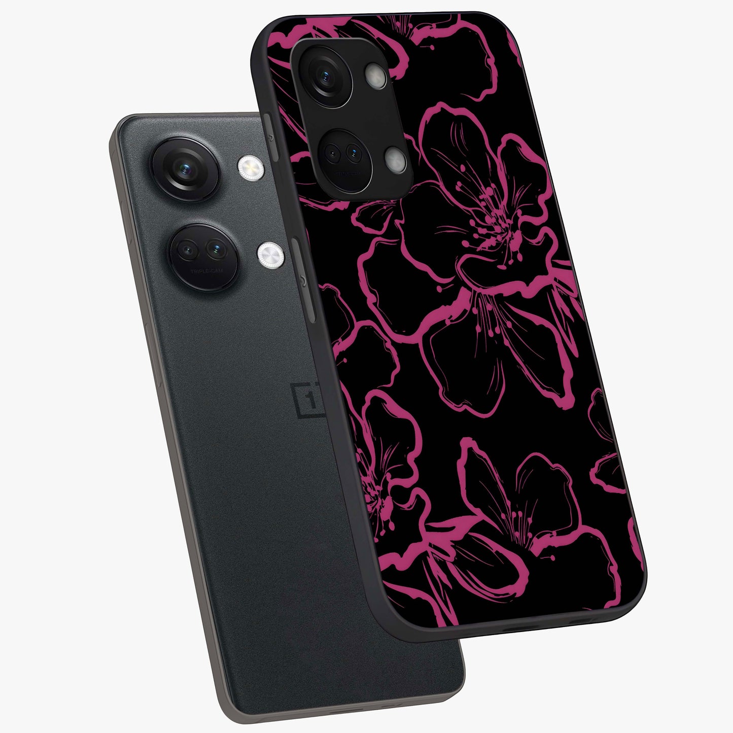 Black Violet Sketch Garden Glass Case for 1+Nord 3 angled mockup showcasing glossy finish and hand drawn garden design