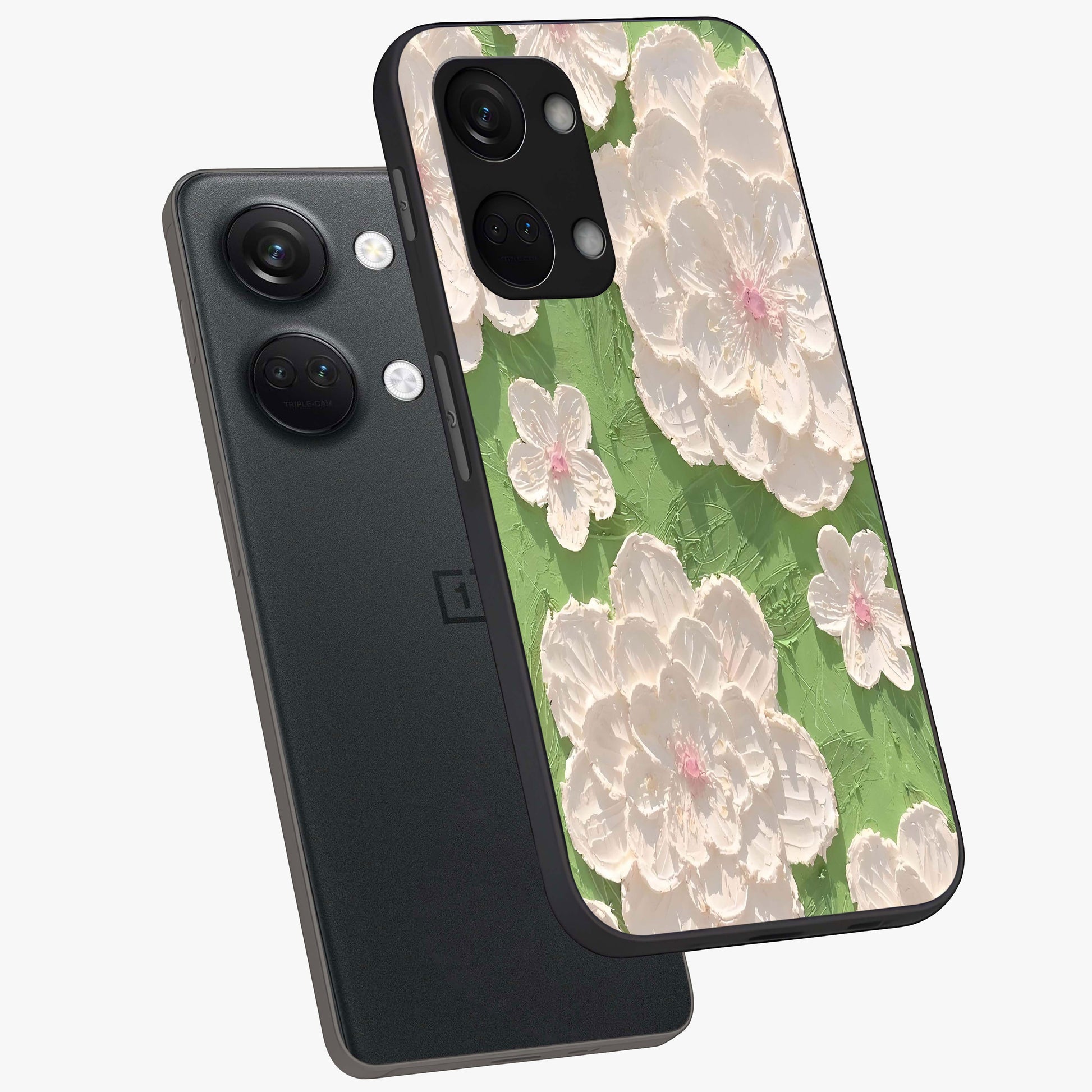 Blossom Meadow Dreams Glass Case for 1+Nord 3 angled mockup showcasing glossy finish and pastel bloom textures