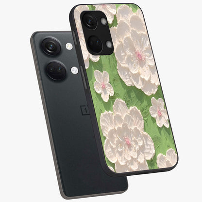 Blossom Meadow Dreams Glass Case for 1+Nord 3 angled mockup showcasing glossy finish and pastel bloom textures