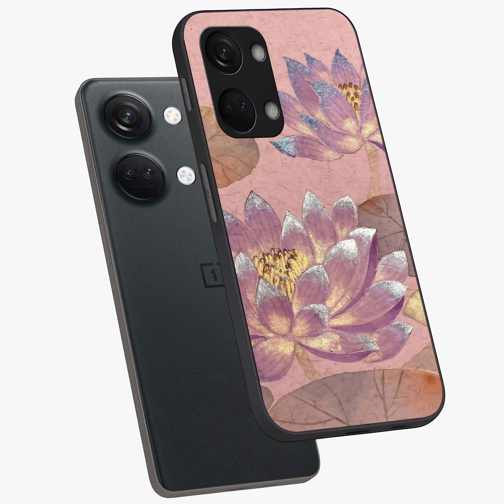 Blossom Mist Lotus Glass Case for 1+Nord 3 angled mockup showcasing glossy finish and peaceful floral detailing