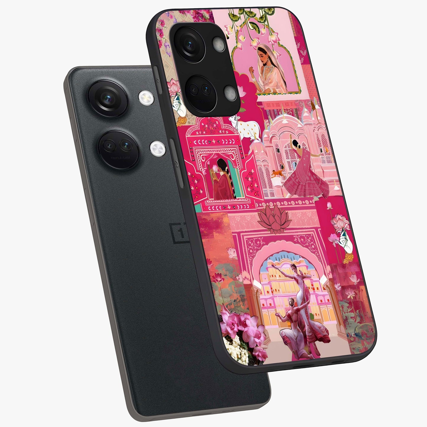 Blossoms of Rajasthan Glass Case for 1+Nord 3 angled mockup showcasing glossy finish and rich cultural patterns