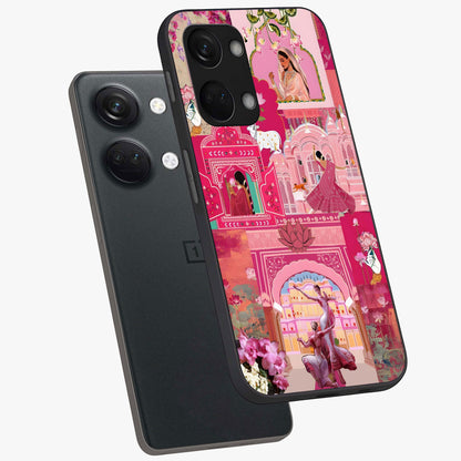 Blossoms of Rajasthan Glass Case for 1+Nord 3 angled mockup showcasing glossy finish and rich cultural patterns