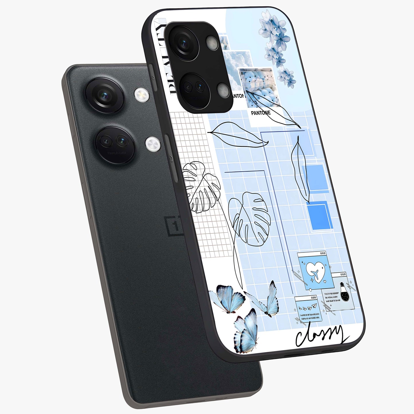 Blue Aesthetic Flower Glass Case for 1+Nord 3 angled mockup showcasing glossy finish and delicate bloom design