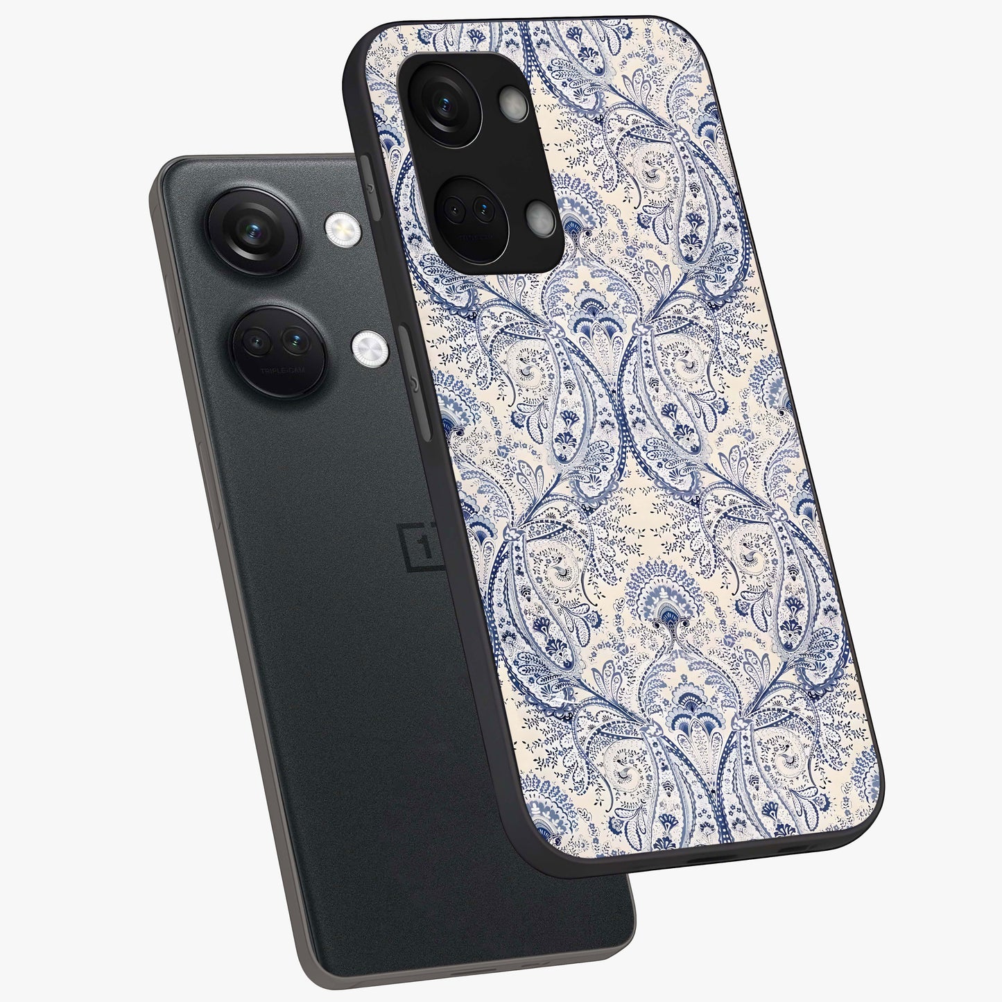 Blue Paisley Bloom Glass Case for 1+Nord 3 angled mockup showcasing glossy finish and detailed ornamental design