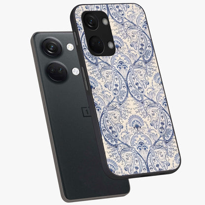 Blue Paisley Bloom Glass Case for 1+Nord 3 angled mockup showcasing glossy finish and detailed ornamental design