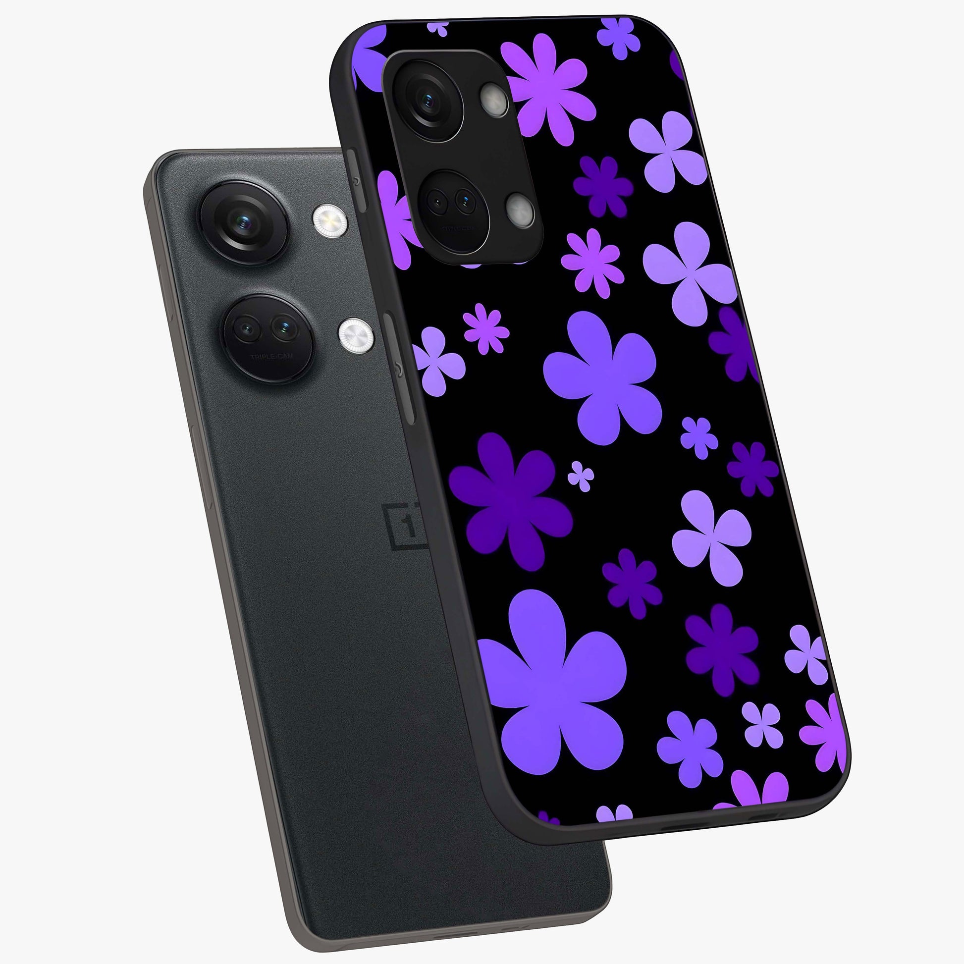 Blue Retro Pop Flowers Glass Case for 1+Nord 3 angled mockup showcasing glossy finish and playful pop flower design