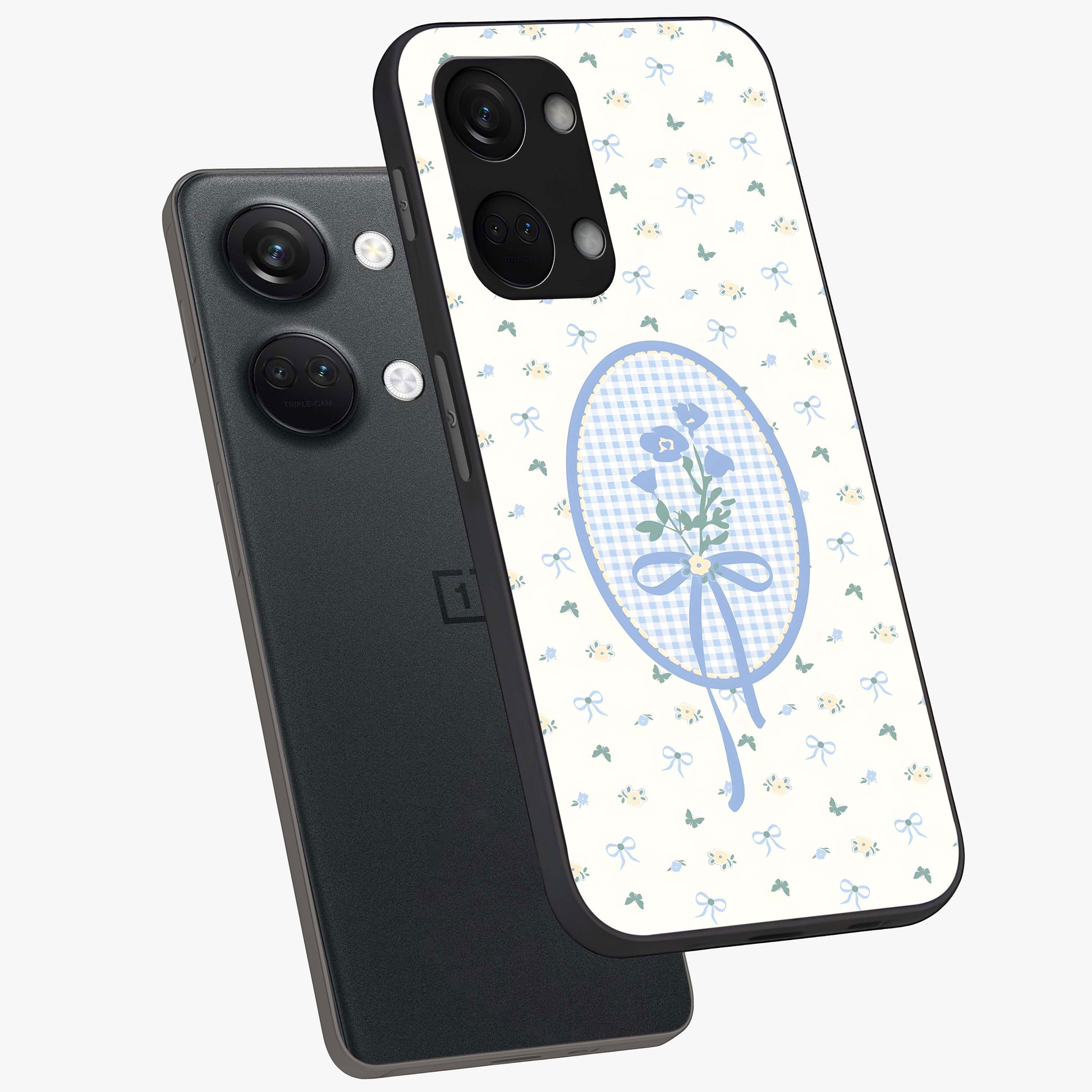 Blue Ribbon Bloom Glass Case for 1+Nord 3 angled mockup showcasing glossy finish and delicate bloom detailing