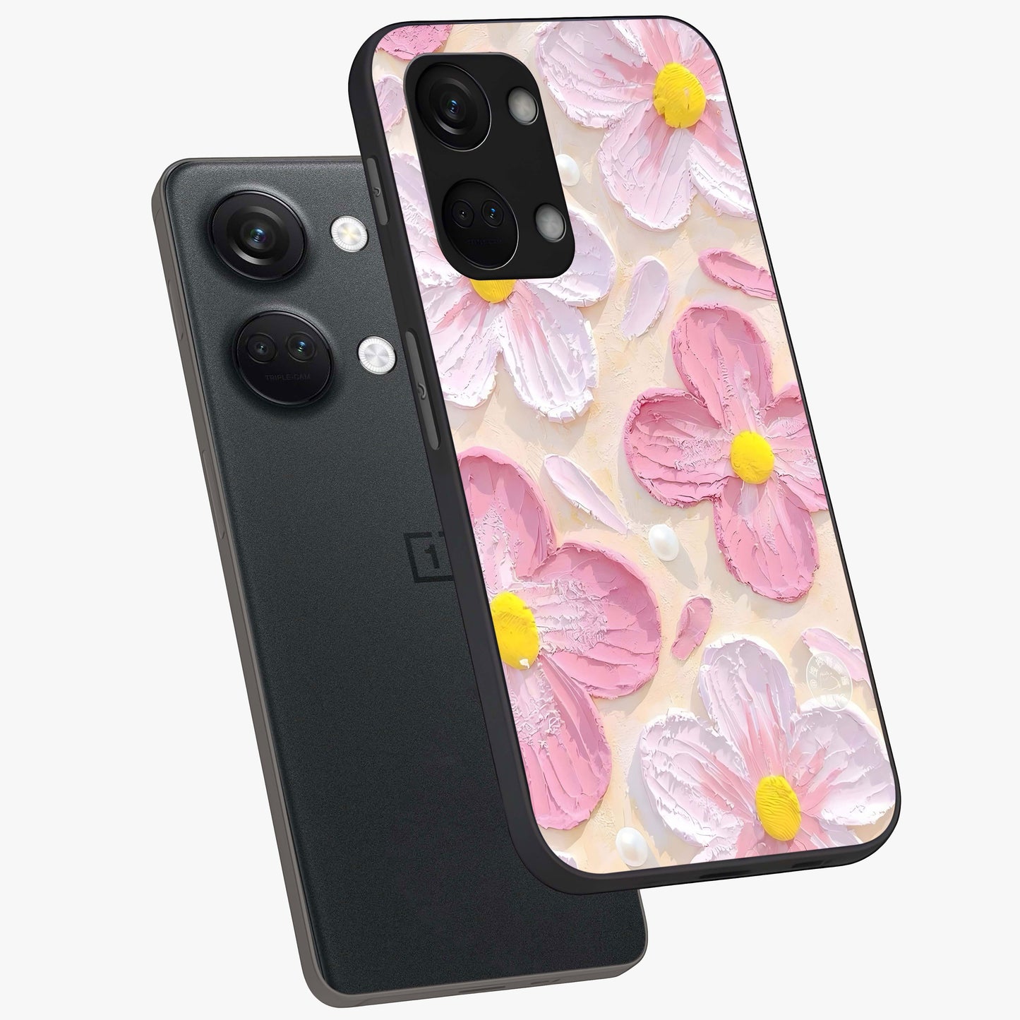 Blush Bloom Texture Glass Case for 1+Nord 3 angled mockup showcasing glossy finish and layered texture detailing