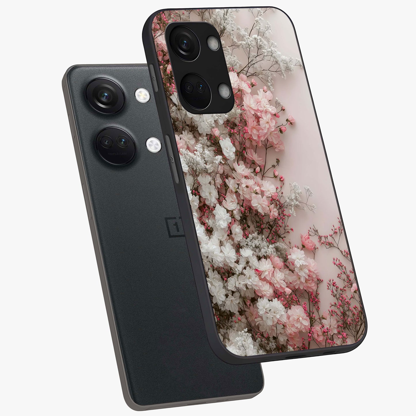 Blush Blossom Cloud Glass Case for 1+Nord 3 angled mockup showcasing glossy finish and pastel floral design