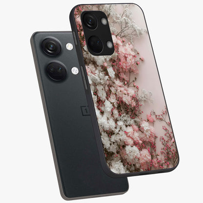 Blush Blossom Cloud Glass Case for 1+Nord 3 angled mockup showcasing glossy finish and pastel floral design