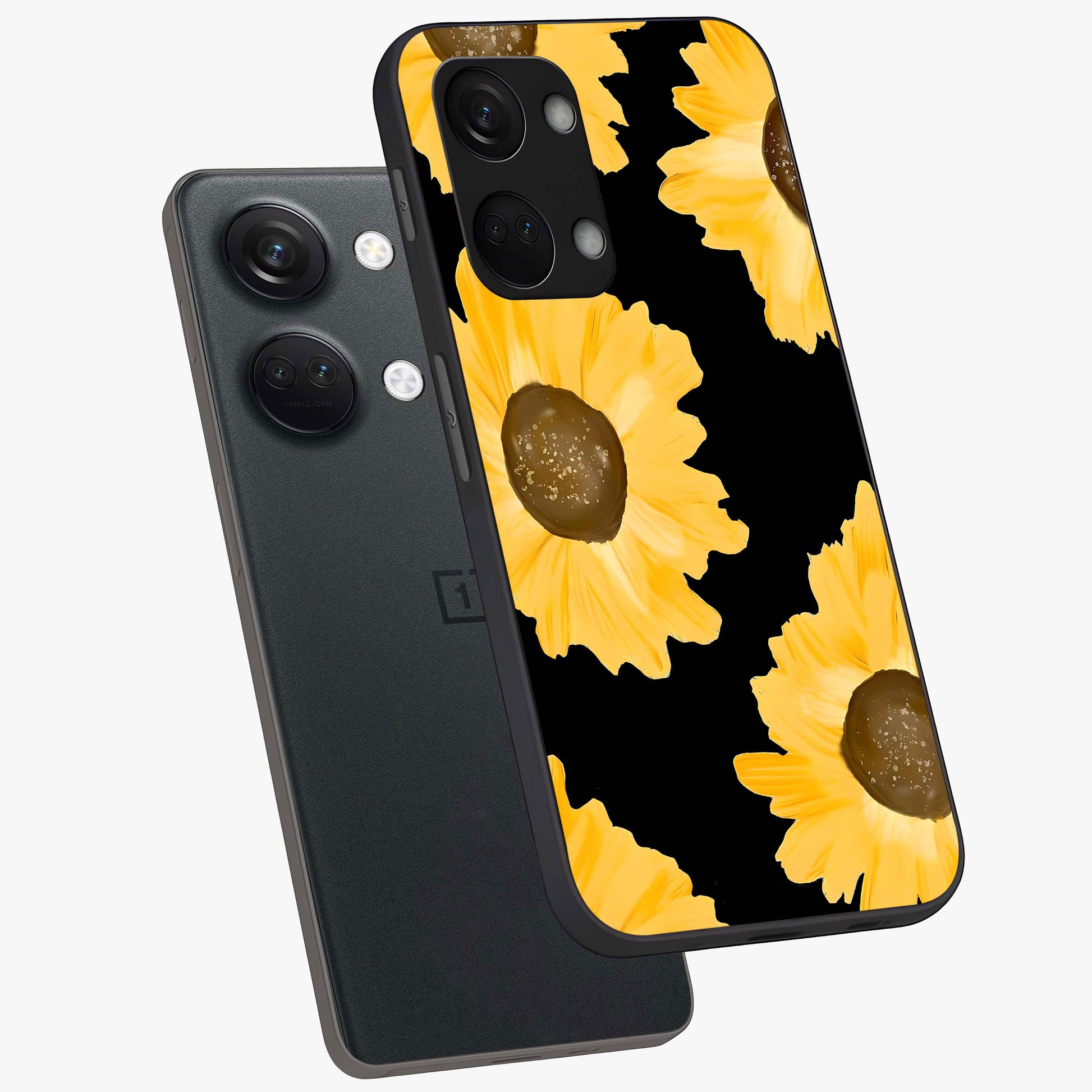 Bold Sunflowers Glow Glass Case for 1+Nord 3 angled mockup showcasing glossy glass finish and bright floral detailing