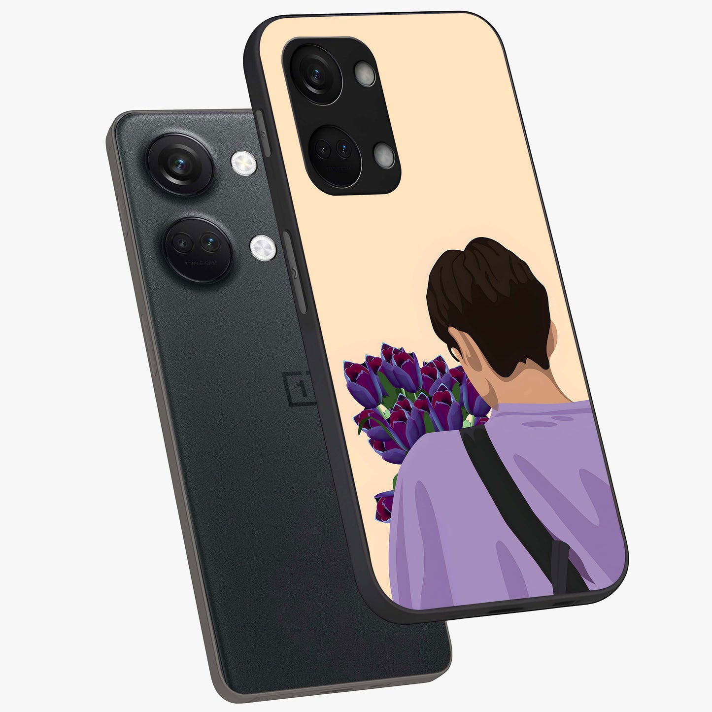 Boy Holding Flowers Glass Case for 1+Nord 3 angled mockup showcasing glossy finish and gentle pastel artwork