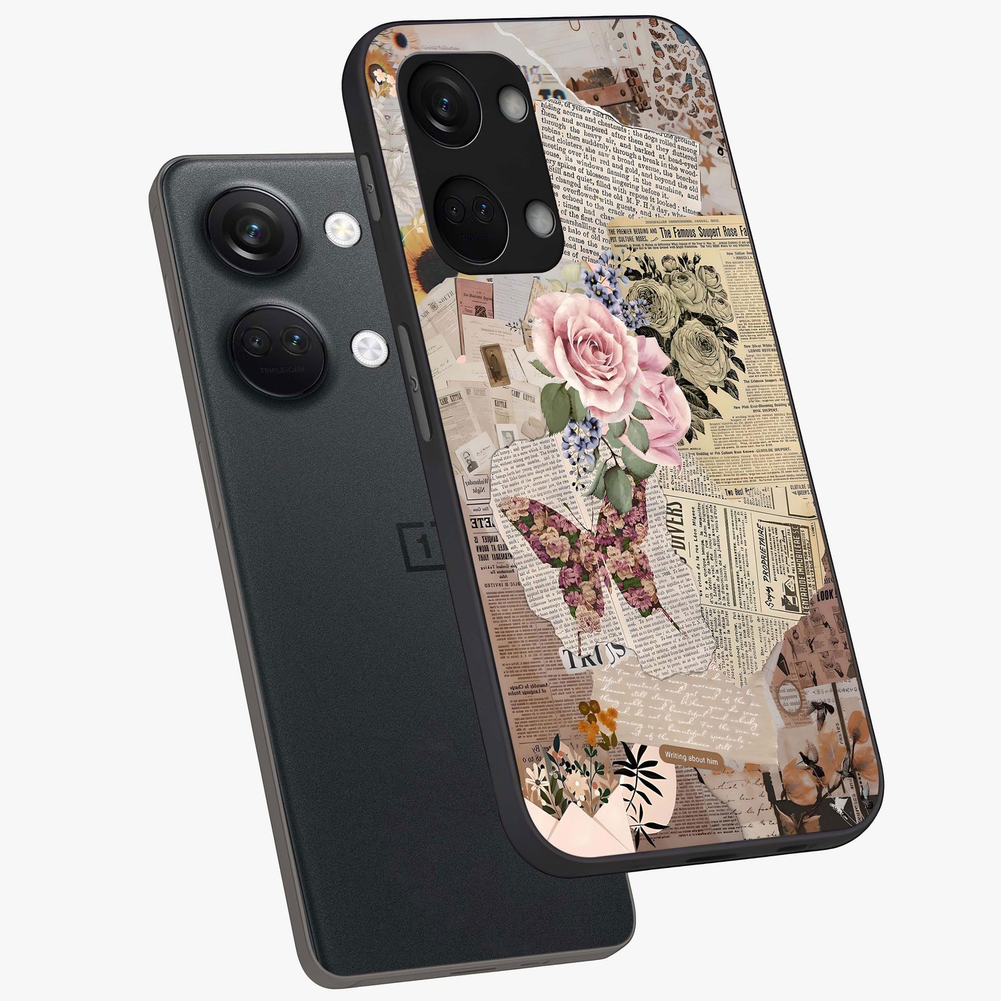 Butterfly News Bloom Glass Case for 1+Nord 3 angled mockup showcasing glossy finish and vibrant nature design