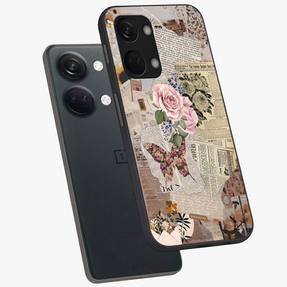 Butterfly News Bloom Glass Case for 1+Nord 3 angled mockup showcasing glossy finish and vibrant nature design