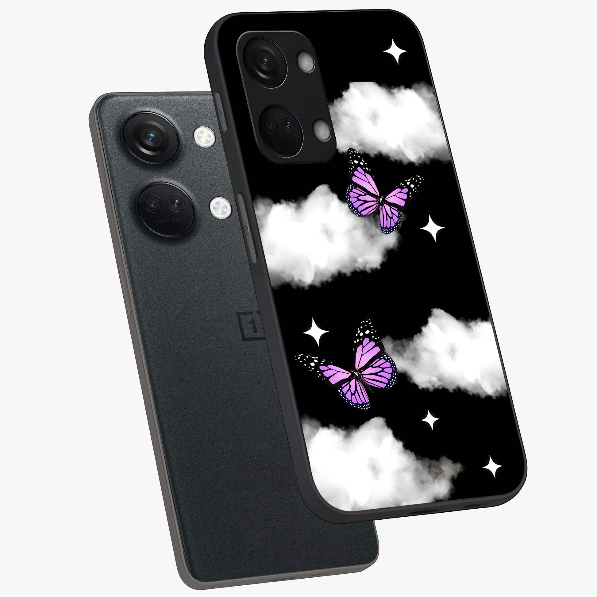 Butterfly Night Drift Glass Case for 1+Nord 3 angled mockup showcasing glossy finish and deep midnight gradients