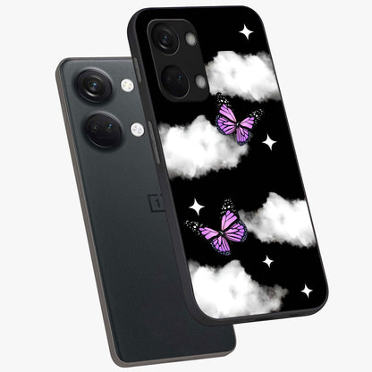 Butterfly Night Drift Glass Case for 1+Nord 3 angled mockup showcasing glossy finish and deep midnight gradients
