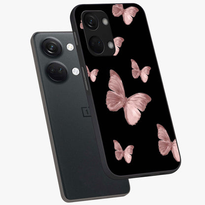Butterfly Pattern Glass Case for 1+Nord 3 angled mockup showcasing glossy glass finish and delicate wing design