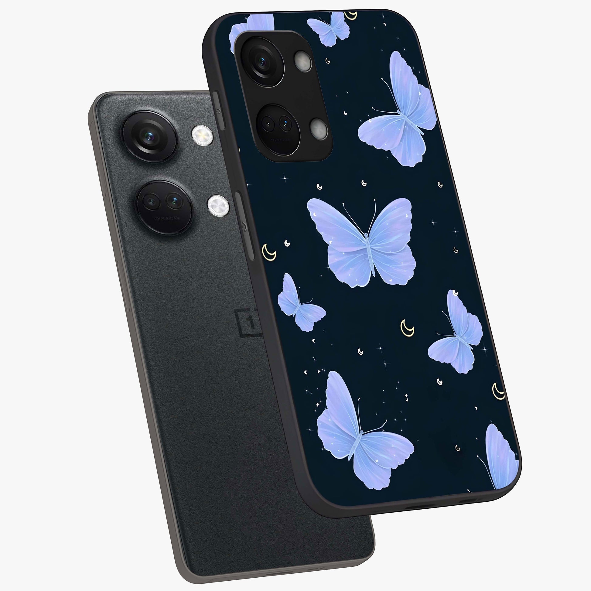 Butterfly With Stars Pattern Glass Case for 1+Nord 3 angled mockup showcasing glossy finish and celestial inspired design