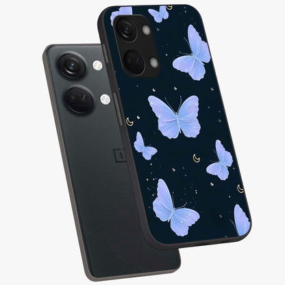 Butterfly With Stars Pattern Glass Case for 1+Nord 3 angled mockup showcasing glossy finish and celestial inspired design