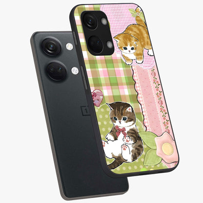 Cats Sweet Button Glass Case for 1+Nord 3 angled mockup showcasing glossy finish and charming character design